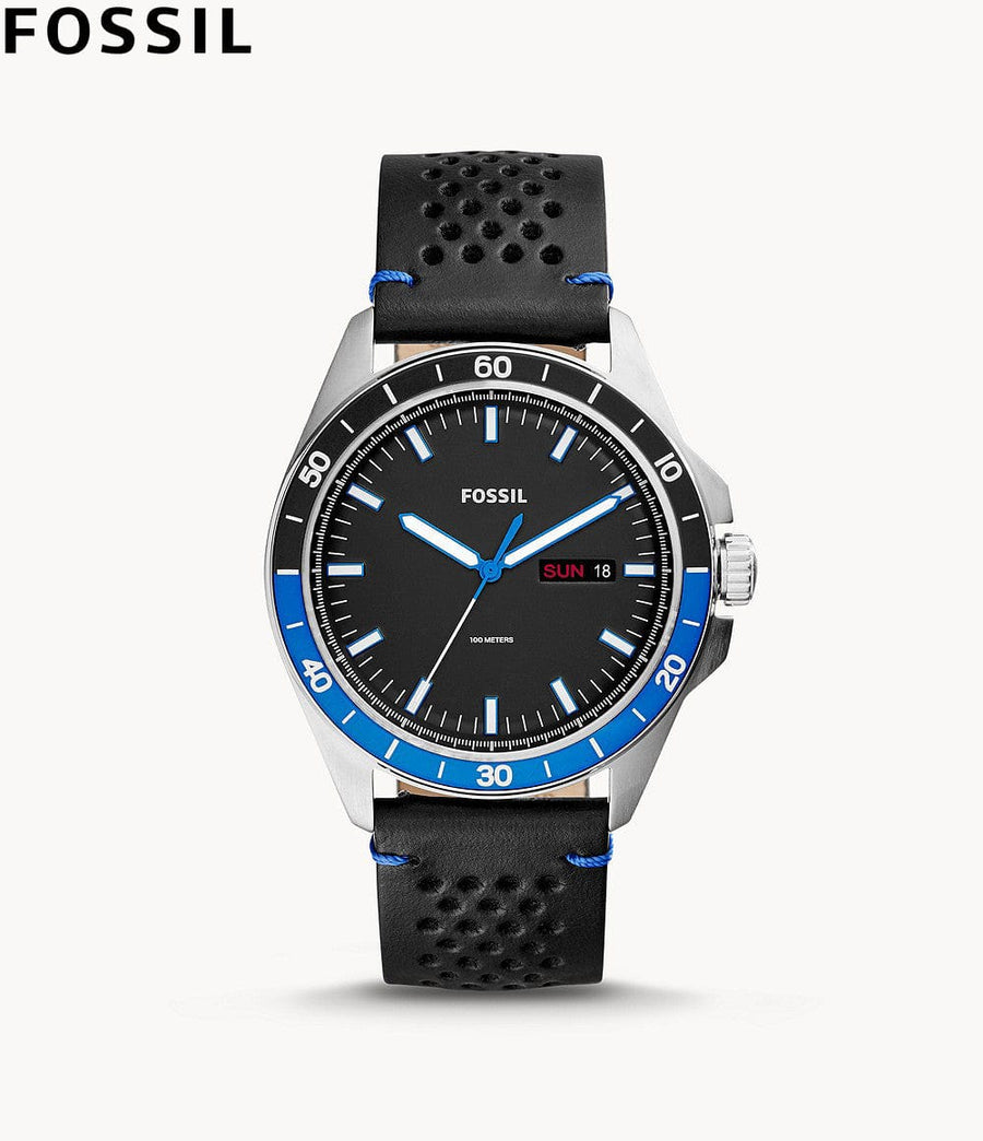 Fossil Sport 54 Day Date Black Dial Black Leather Strap Watch for Men - FS5321