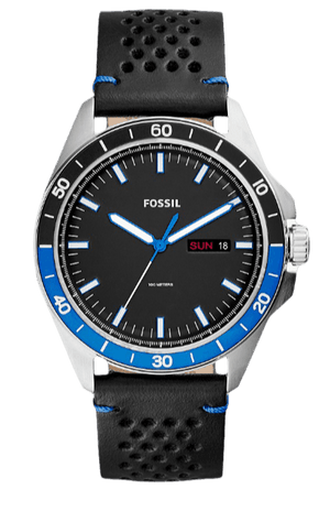 Fossil Sport 54 Day Date Black Dial Black Leather Strap Watch for Men - FS5321