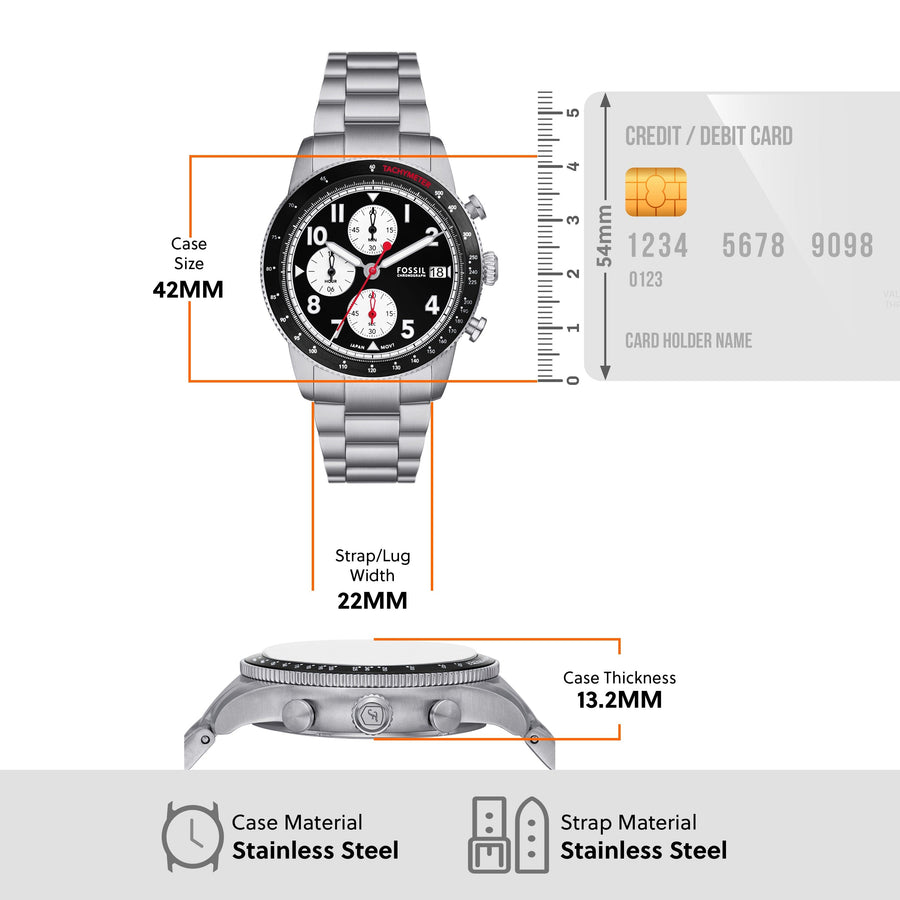 Fossil Sport Tourer Chronograph Black Dial Silver Steel Strap Watch for Men - FS6045