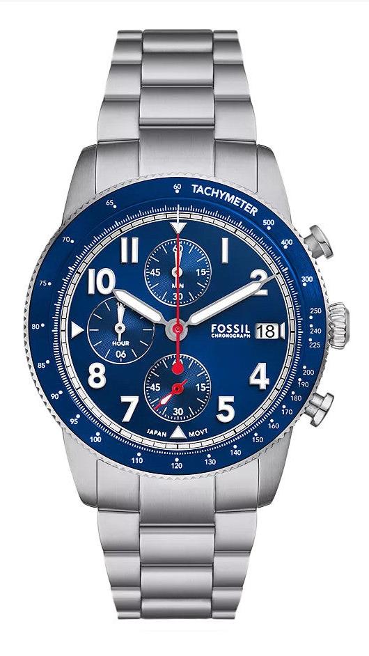Fossil Sport Tourer Chronograph Blue Dial Silver Steel Strap Watch for Men - FS6047