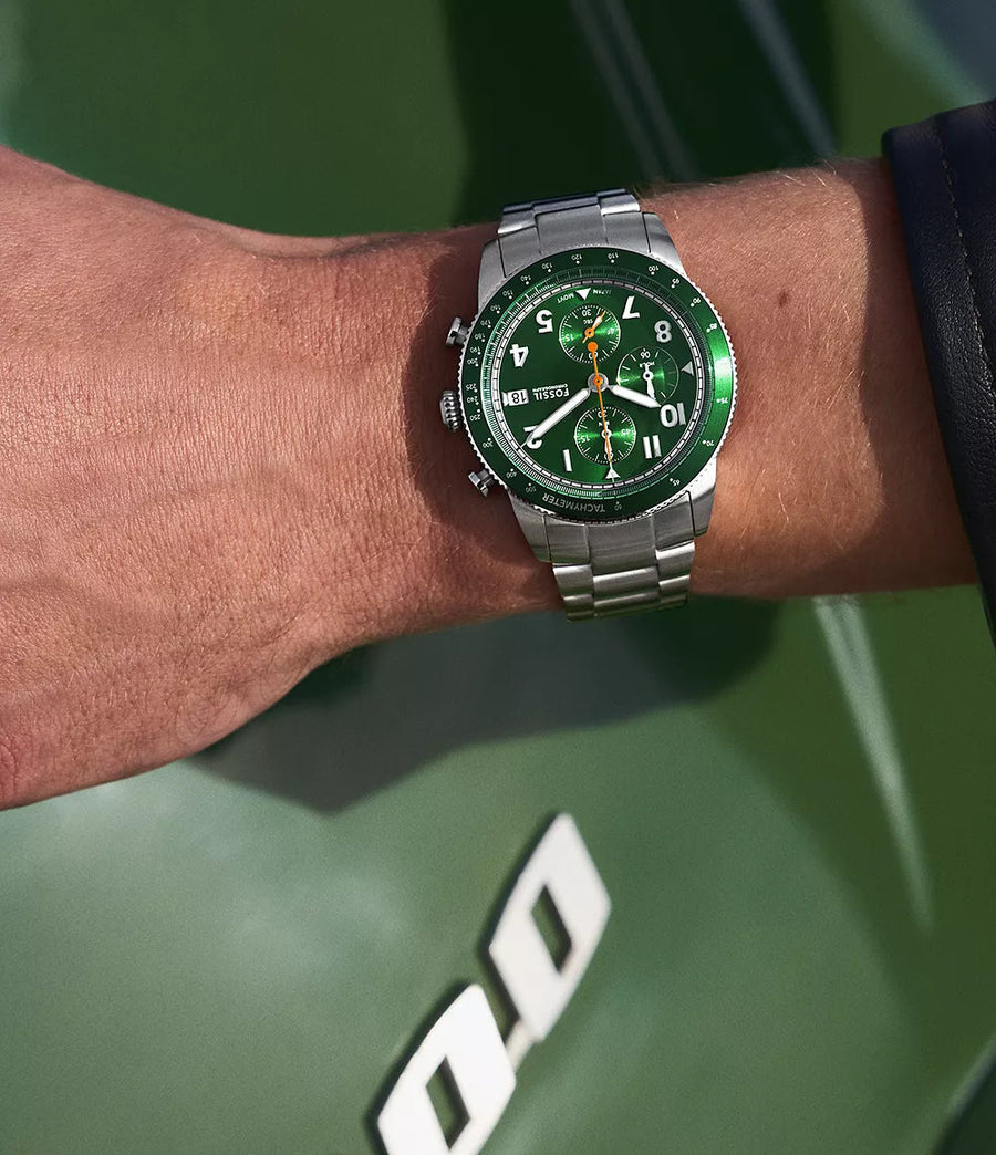 Fossil Sport Tourer Chronograph Green Dial Silver Steel Strap Watch for Men - FS6048