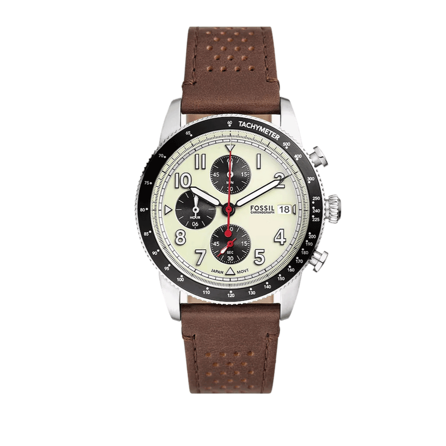 Fossil Sport Tourer Chronograph White Dial Brown Leather Strap Watch for Men - FS6042