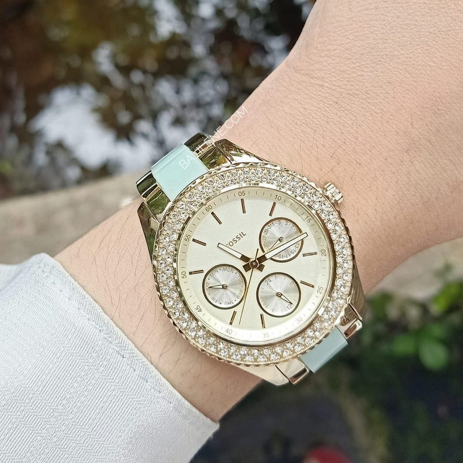 Fossil Stella Multifunction Gold Dial Two Tone Steel Strap Watch for Women - ES4757