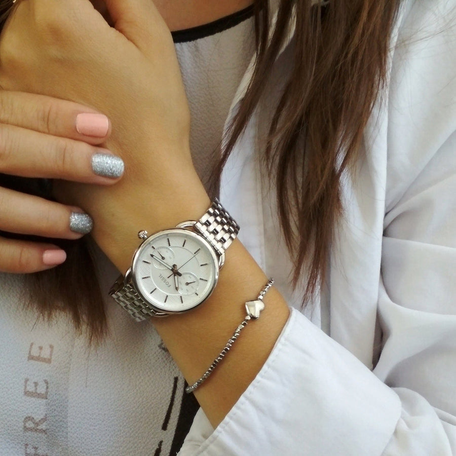Fossil Tailor Silver Dial Silver Steel Strap Watch for Women - ES3712