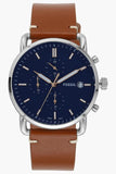 Fossil The Commuter Blue Dial Brown Leather Strap Watch for Men - FS5401
