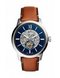 Fossil Townsman Automatic Skeleton Blue Dial Brown Leather Strap Watch for Men - ME3154