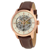 Fossil Townsman Automatic Skeleton White Dial Brown Leather Strap Watch for Men - ME3078