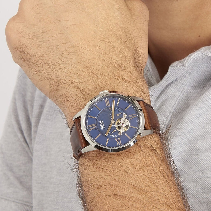 Fossil Townsman Automatic Blue Dial Brown Leather Strap Watch for Men - ME3110