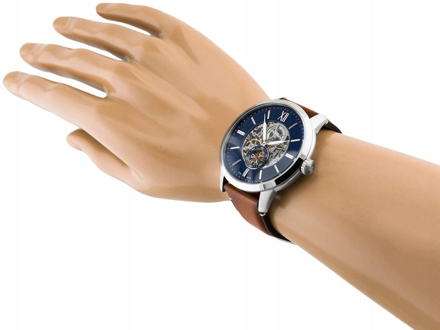 Fossil Townsman Automatic Skeleton Blue Dial Brown Leather Strap Watch for Men - ME3154