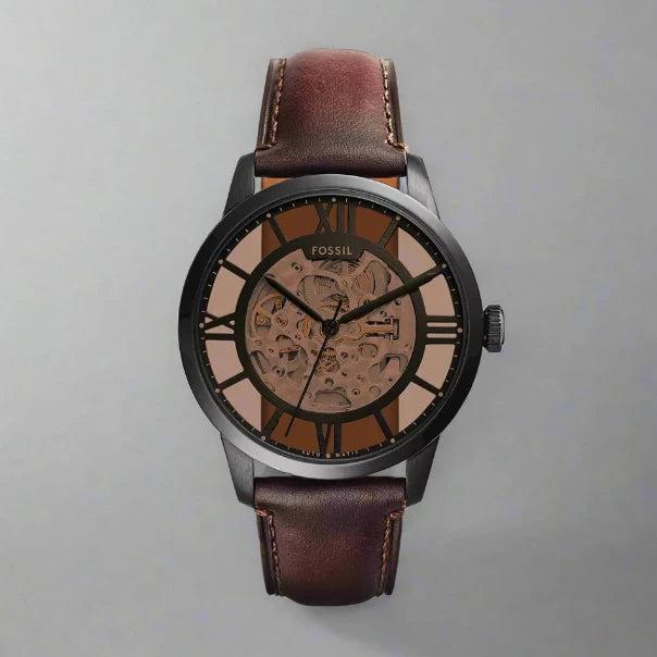 Fossil Townsman Automatic Skeleton Brown Dial Brown Leather Strap Watch for Men - ME3098