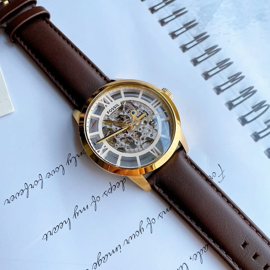 Fossil Townsman Automatic Skeleton Gold Dial Brown Leather Strap Watch for Men - ME3043