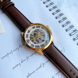 Fossil Townsman Automatic Skeleton Gold Dial Brown Leather Strap Watch for Men - ME3043