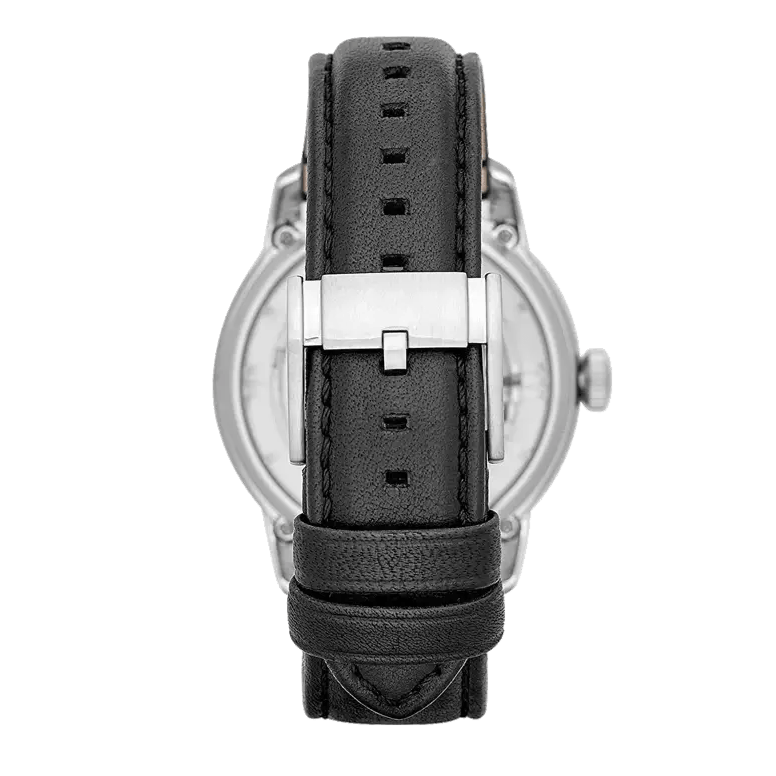 Fossil Townsman Automatic Skeleton Silver Dial Black Leather Strap Watch for Men - ME3041