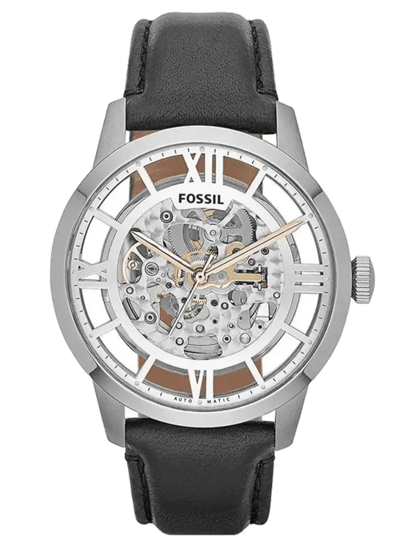 Fossil Townsman Automatic Skeleton Silver Dial Black Leather Strap Watch for Men - ME3041