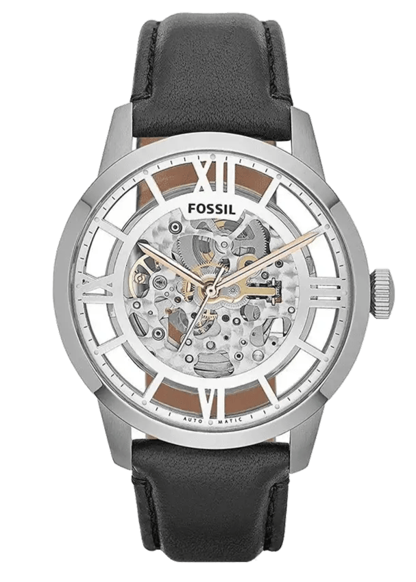 Fossil Townsman Automatic Skeleton Silver Dial Black Leather Strap Watch for Men - ME3041