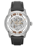 Fossil Townsman Automatic Skeleton Silver Dial Black Leather Strap Watch for Men - ME3041
