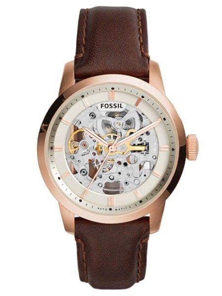 Fossil Townsman Automatic Skeleton White Dial Brown Leather Strap Watch for Men - ME3078