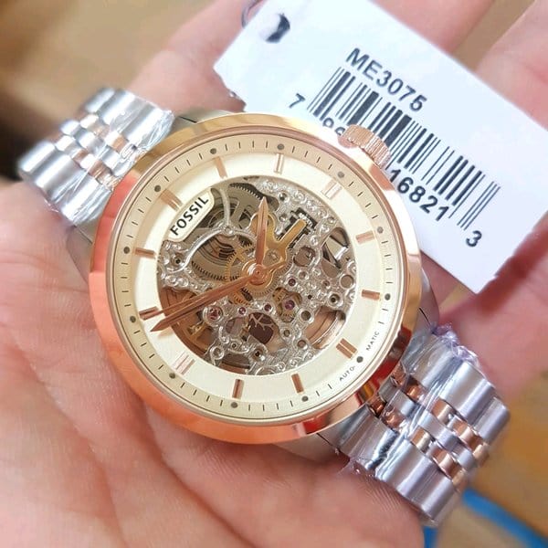 Fossil Townsman Automatic Skeleton White Dial Two Tone Steel Strap Watch for Men - ME3075