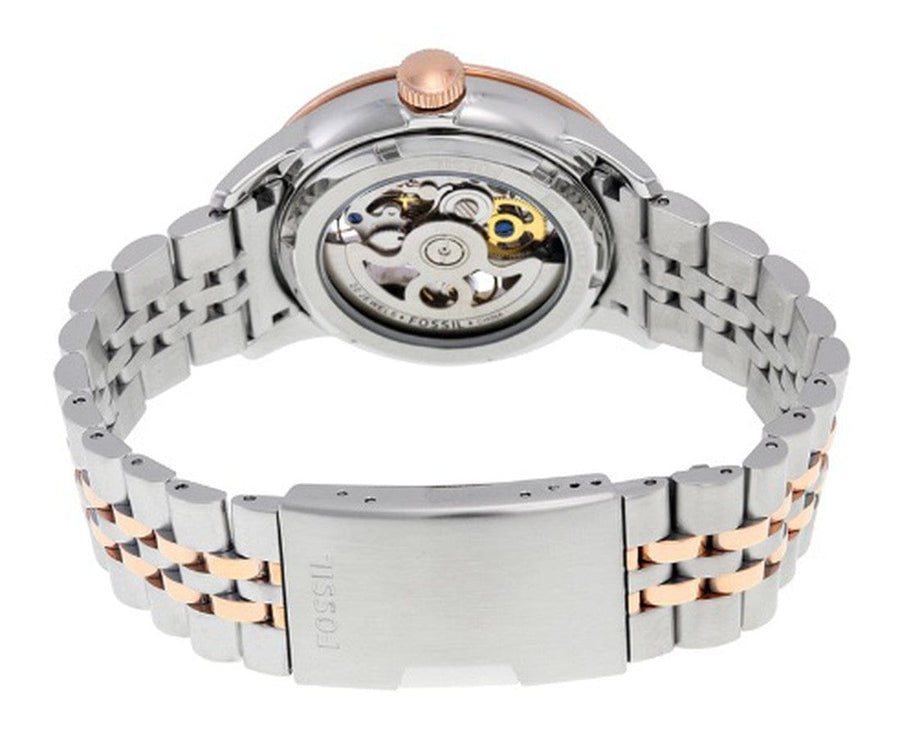 Fossil Townsman Automatic Skeleton White Dial Two Tone Steel Strap Watch for Men - ME3075