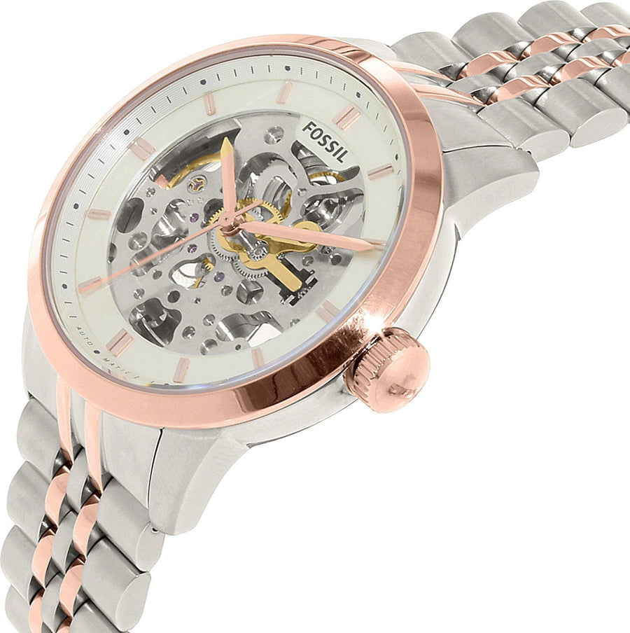 Fossil Townsman Automatic Skeleton White Dial Two Tone Steel Strap Watch for Men - ME3075