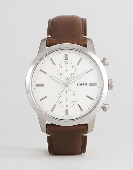 Fossil Townsman Chronograph White Dial Brown Leather Strap Watch for Men - FS5350