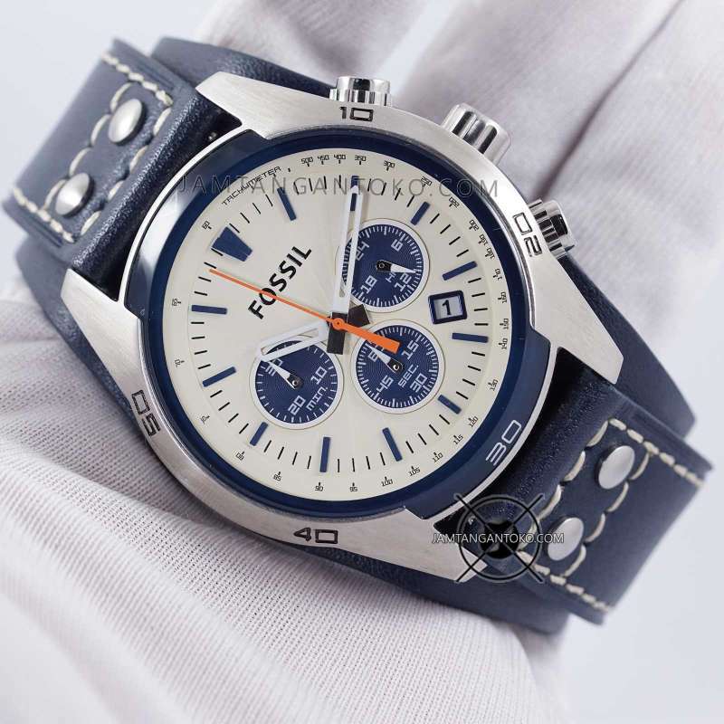 Fossil Coachman Chronograph White Dial Blue Leather Strap Watch for Men - CH3051