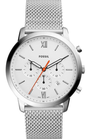 Fossil Neutra Chronograph White Dial Silver Mesh Bracelet Watch for Men - FS5382