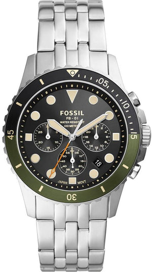 Fossil FB-01 Chronograph Black Dial Silver Steel Strap Watch for Men - FS5864