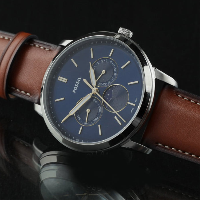Fossil fs5903 men's watch with blue face and brown leather strap