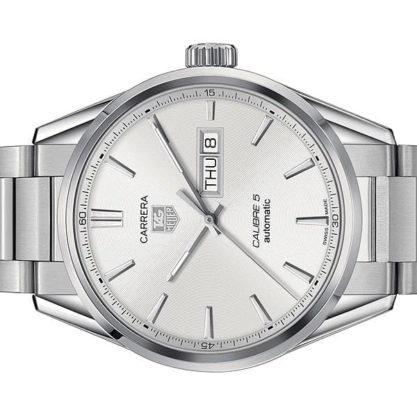 Tag Heuer Carrera Calibre 5 Automatic White Dial Silver Steel Strap Watch for Men - WAR201B.BA0723