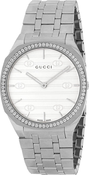 Gucci 25H Quartz Diamonds Silver Dial Silver Steel Strap Watch for Women - YA163401