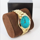 Michael Kors Slim Runway Blue Mother of Pearl Dial Gold Steel Strap Watch for Women - MK3492