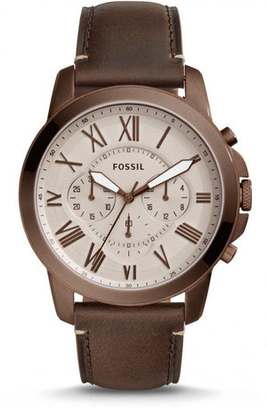 Fossil Grant Chronograph White Dial Brown Leather Strap Watch for Men - FS5344