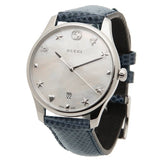 Gucci G-Timeless Signature Mother of Pearl Silver Dial Blue Leather Strap Watch For Women - YA1264049