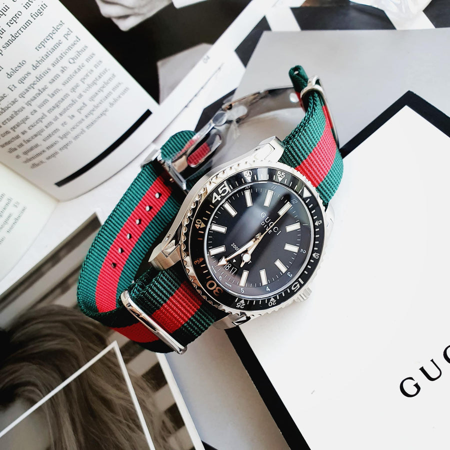 Gucci Dive Black Dial Two Tone NATO Strap Watch For Men - YA136206