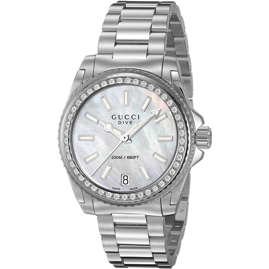 Gucci Dive Diamonds Mother of Pearl Dial Silver Steel Strap Watch For Women - YA136406