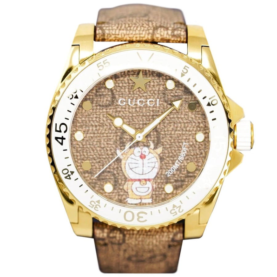 Gucci Dive Doraemon Brown Dial Brown Leather Strap Watch For Men - YA136334