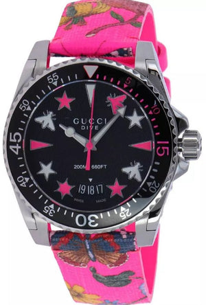 Gucci Dive Quartz Black Dial Pink Leather Strap Watch For Women - YA136326