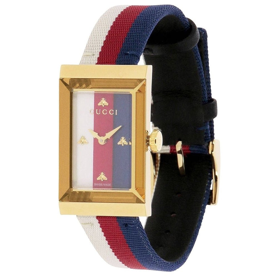 Gucci G-Frame Mother of Pearl Dial White Blue Red Nylon Strap Watch For Women - YA147405