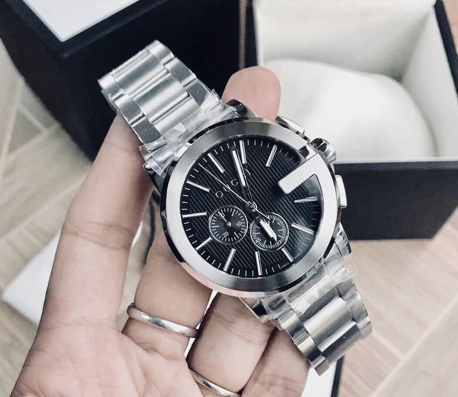 Gucci G Chrono Black Dial Silver Steel Strap Watch For Men - YA101204