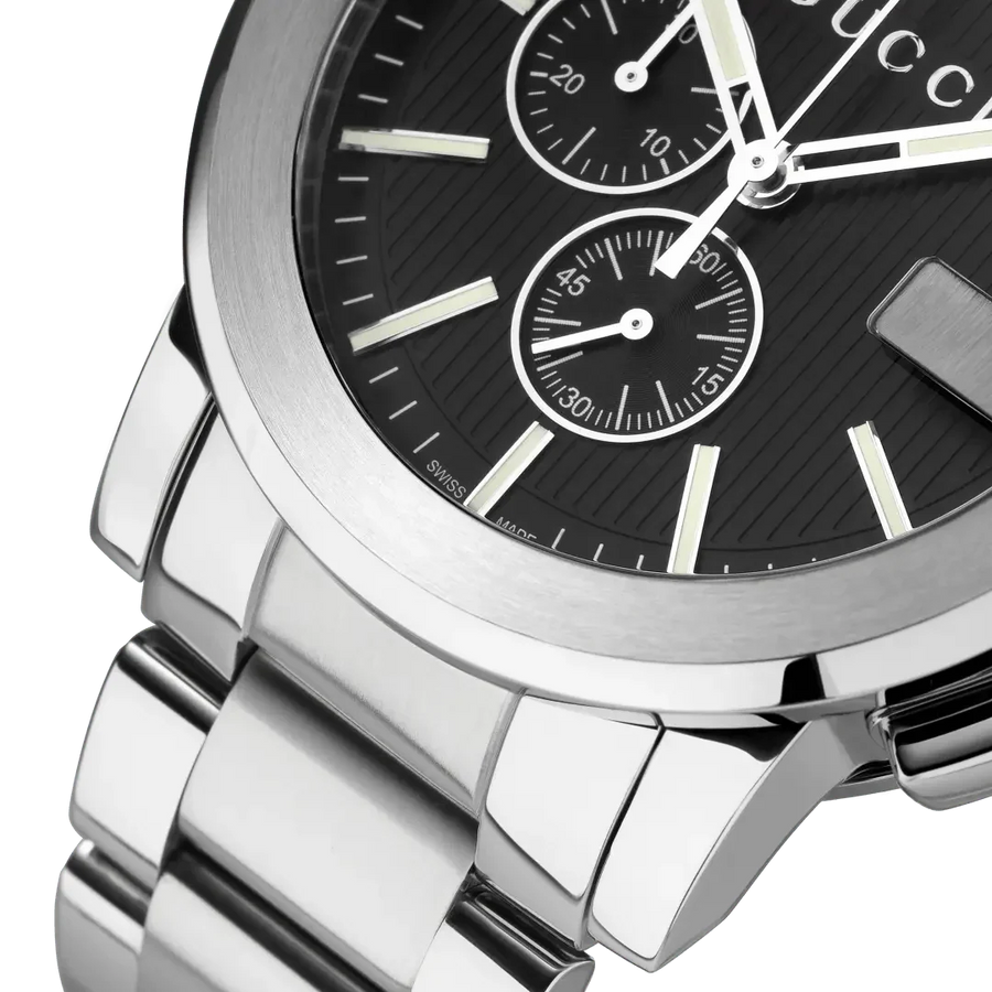 Gucci G Chrono Black Dial Silver Steel Strap Watch For Men - YA101204