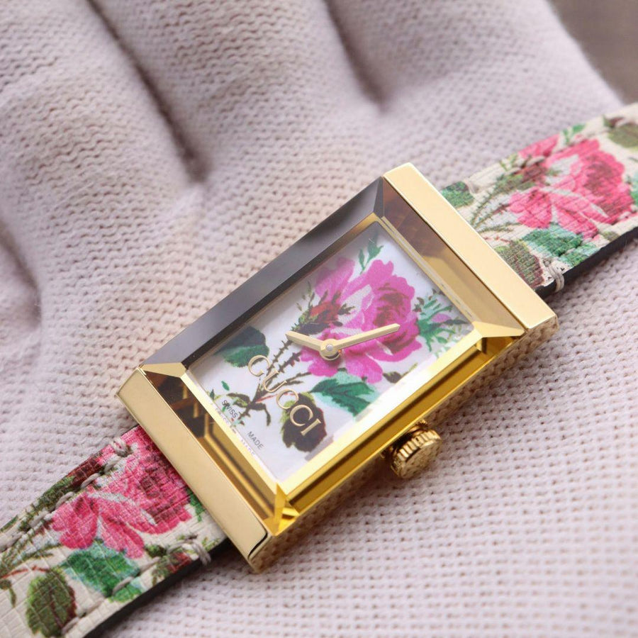 Gucci G-Frame Floral Mother of Pearl Dial White Leather Strap Watch For Women - YA147406