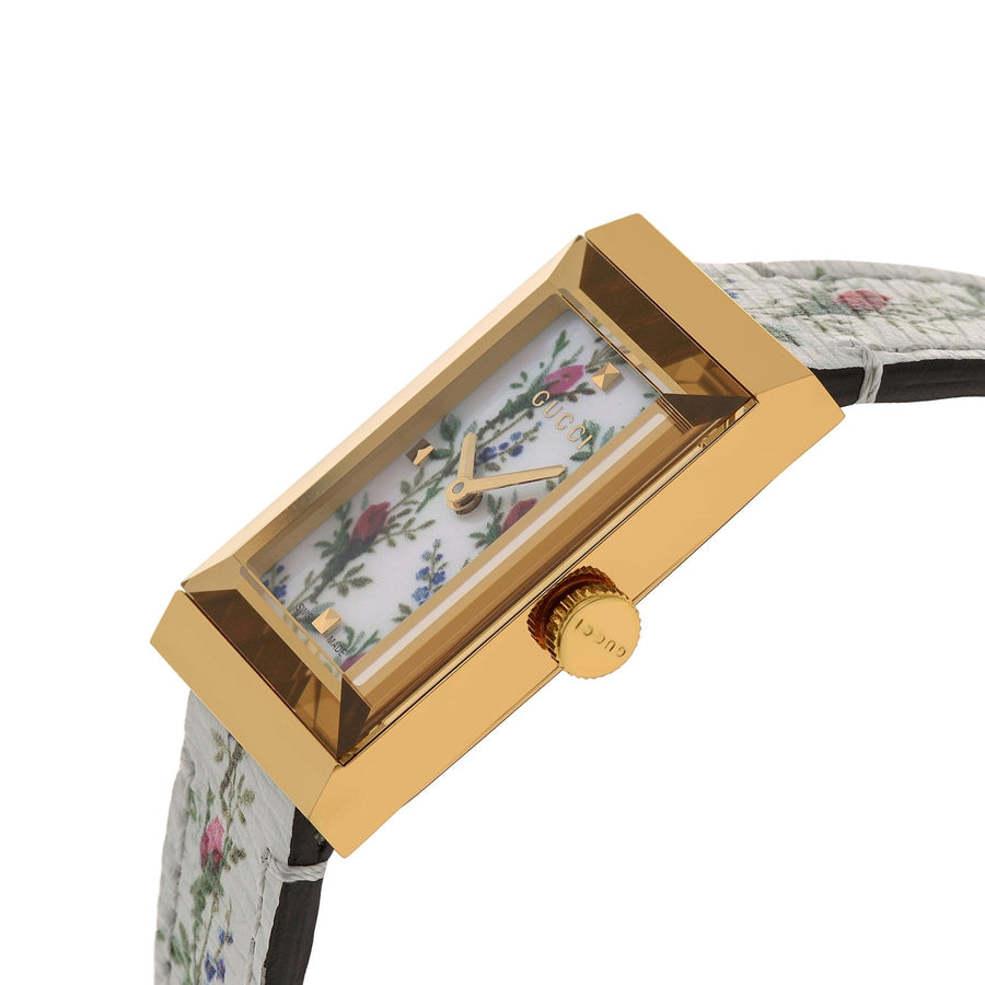 Gucci G-Frame Floral Mother of Pearl Dial White Leather Strap Watch For Women - YA147407