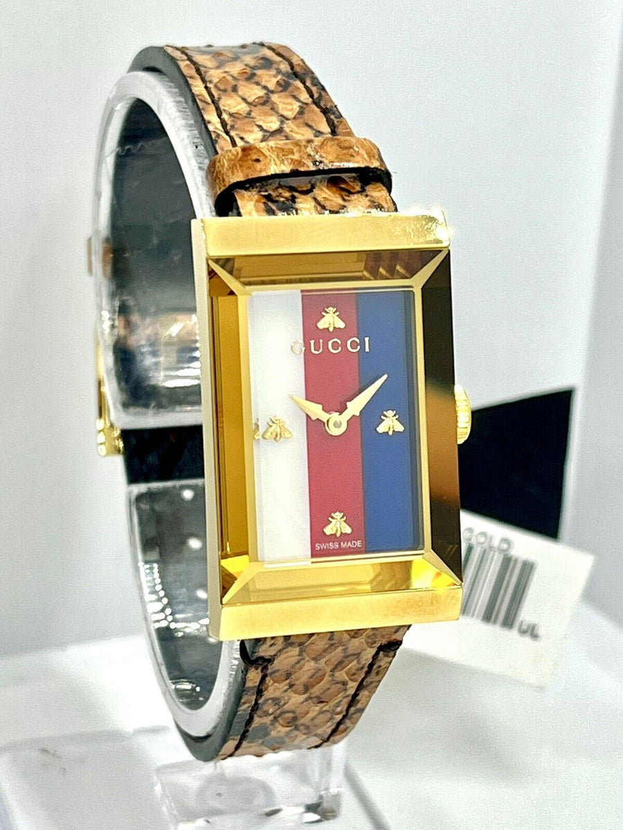 Gucci G-Frame Mother of Pearl Dial Brown Leather Snakeskin Strap Watch For Women - YA147402