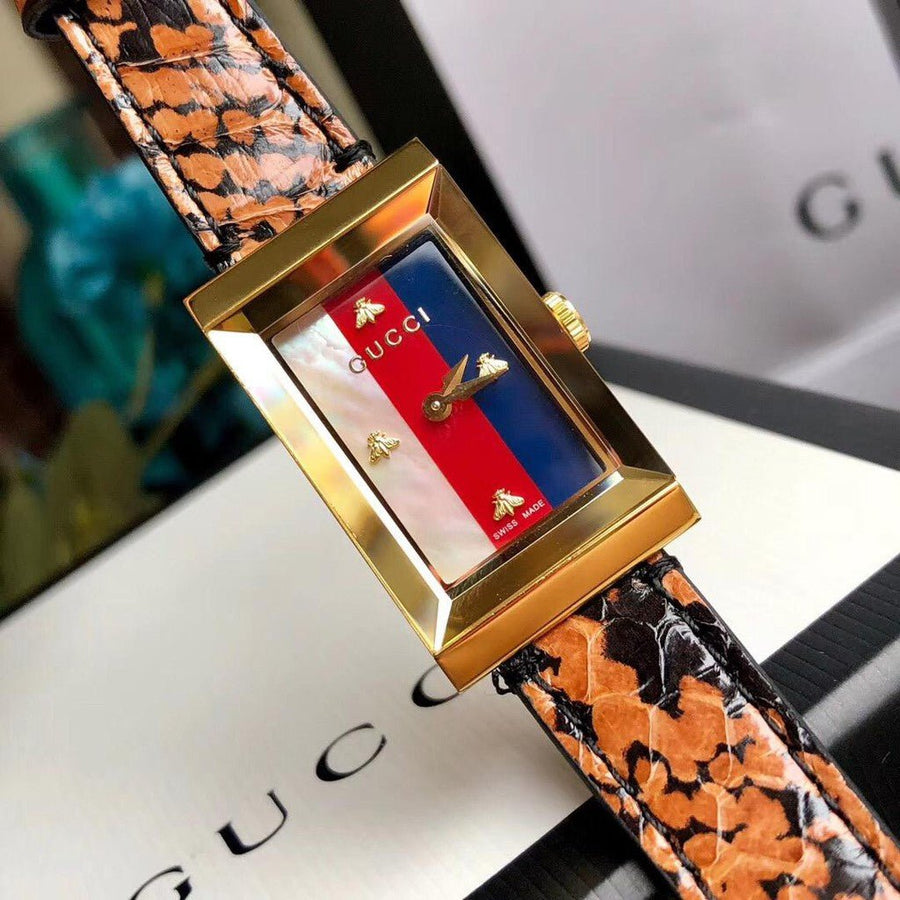 Gucci G-Frame Mother of Pearl Dial Brown Leather Snakeskin Strap Watch For Women - YA147402