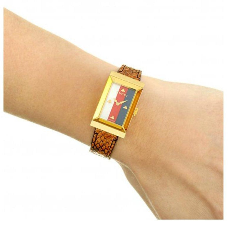 Gucci G-Frame Mother of Pearl Dial Brown Leather Snakeskin Strap Watch For Women - YA147402