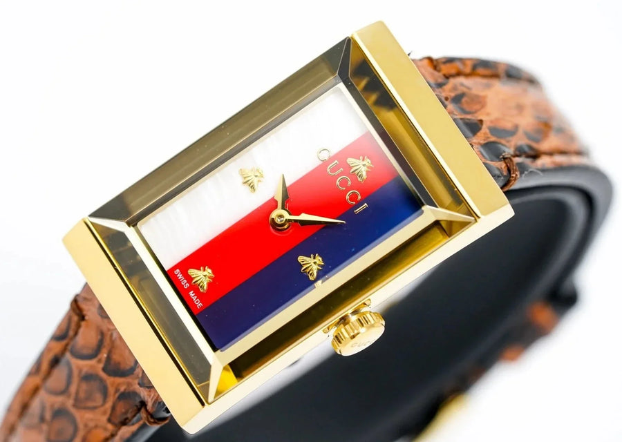 Gucci G-Frame Mother of Pearl Dial Brown Leather Snakeskin Strap Watch For Women - YA147402