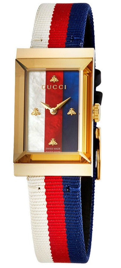 Gucci G-Frame Mother of Pearl Dial White Blue Red Nylon Strap Watch For Women - YA147405