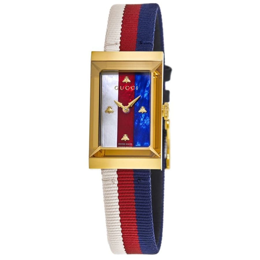 Gucci G-Frame Mother of Pearl Dial White Blue Red Nylon Strap Watch For Women - YA147405