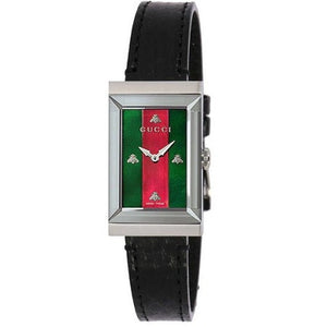 Gucci G-Frame Mother of Pearl Green & Red Dial Black Leather Strap Watch For Women - YA147403